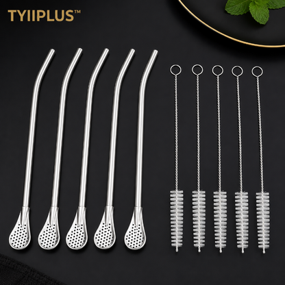TYIIPLUS™ 2-in-1 Stainless Steel Straw & Spoon – Reusable Drinking Straw with Stirring Spoon, Filter & Cleaning Brush