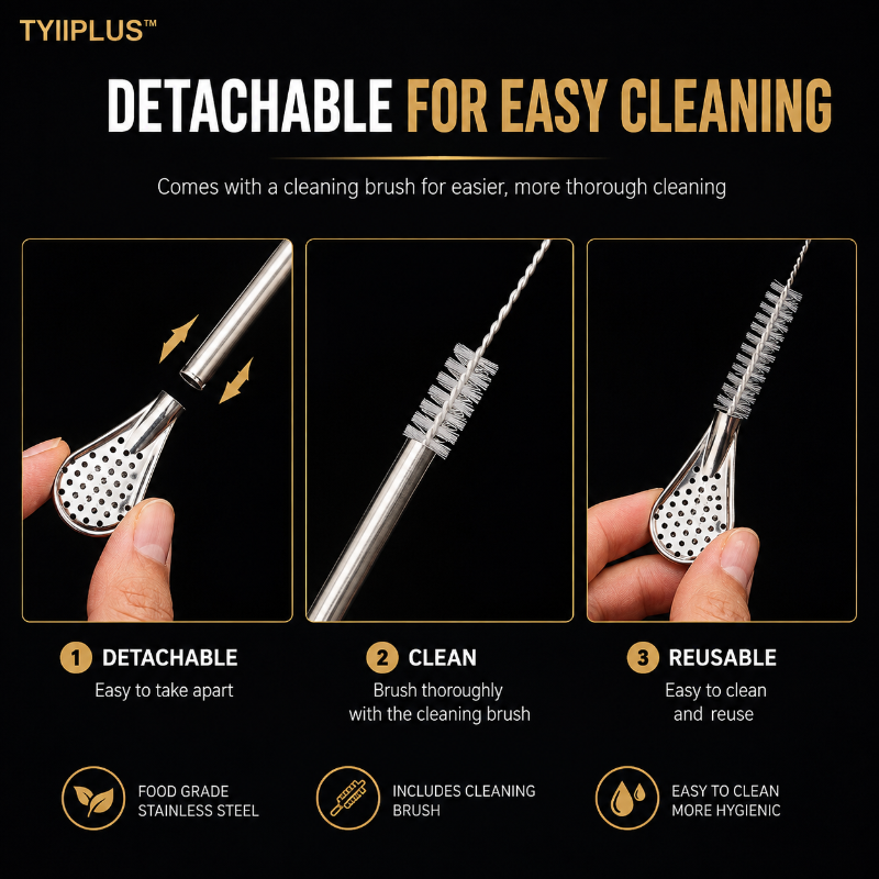 TYIIPLUS™ 2-in-1 Stainless Steel Straw & Spoon – Reusable Drinking Straw with Stirring Spoon, Filter & Cleaning Brush