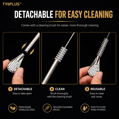 TYIIPLUS™ 2-in-1 Stainless Steel Straw & Spoon – Reusable Drinking Straw with Stirring Spoon, Filter & Cleaning Brush