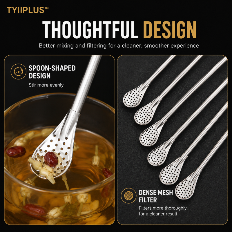 TYIIPLUS™ 2-in-1 Stainless Steel Straw & Spoon – Reusable Drinking Straw with Stirring Spoon, Filter & Cleaning Brush