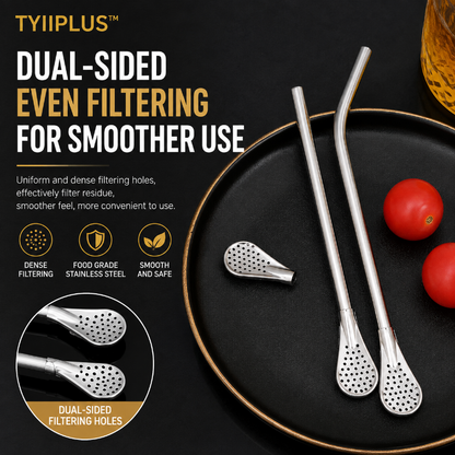 TYIIPLUS™ 2-in-1 Stainless Steel Straw & Spoon – Reusable Drinking Straw with Stirring Spoon, Filter & Cleaning Brush