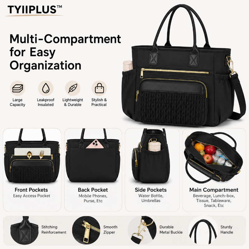 TYIIPLUS™ Insulated Lunch Tote Bag – Leakproof Cooler Bag with Multiple Pockets