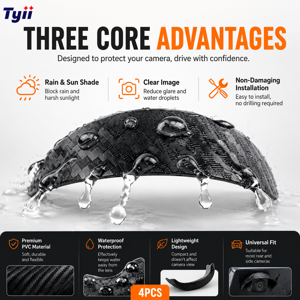 TYIIPLUS™ 4PCS Car Camera Rain Shield – Waterproof Rear View & Side Camera Cover, Soft PVC Sun Shade Visor