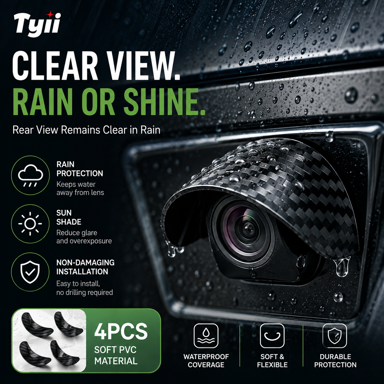TYIIPLUS™ 4PCS Car Camera Rain Shield – Waterproof Rear View & Side Camera Cover, Soft PVC Sun Shade Visor