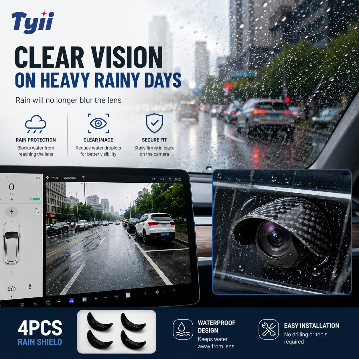 TYIIPLUS™ 4PCS Car Camera Rain Shield – Waterproof Rear View & Side Camera Cover, Soft PVC Sun Shade Visor