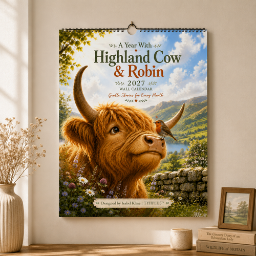 2027 Highland Cow & Robin Wall Calendar | Cozy British Countryside Calendar with Gentle Monthly Stories | A4 Gift for Animal Lovers