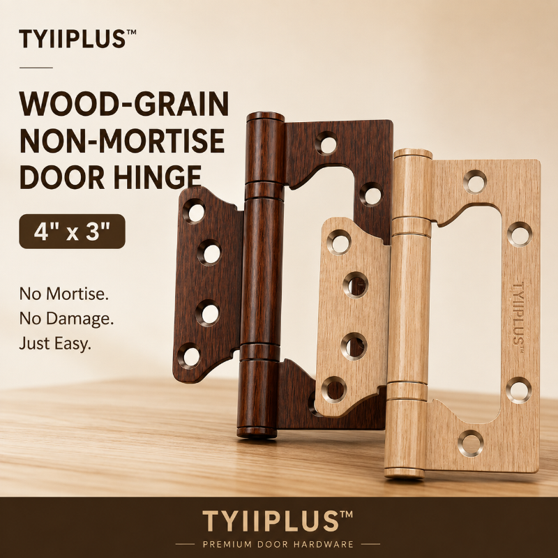 TYIIPLUS™ Wood-Grain Finish Non-Mortise Door Hinges 4 x 3 Inch | Silent Ball Bearing Stainless Steel Butterfly Hinges for Interior Wooden Doors | No Mortising Required | Easy Installation