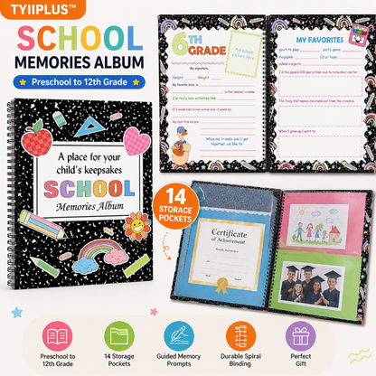 TYIIPLUS™ School Memory Book Keepsake Album | Preschool to 12th Grade Scrapbook with 14 Storage Pockets for Photos, Report Cards & School Memories