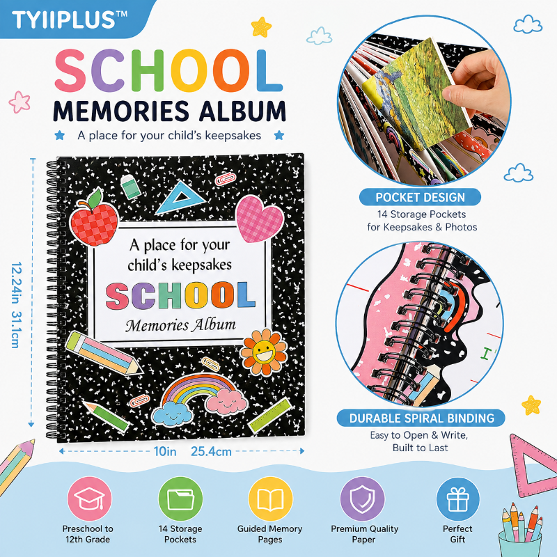 TYIIPLUS™ School Memory Book Keepsake Album | Preschool to 12th Grade Scrapbook with 14 Storage Pockets for Photos, Report Cards & School Memories