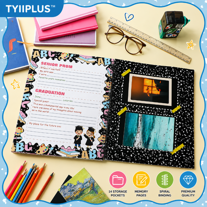 TYIIPLUS™ School Memory Book Keepsake Album | Preschool to 12th Grade Scrapbook with 14 Storage Pockets for Photos, Report Cards & School Memories