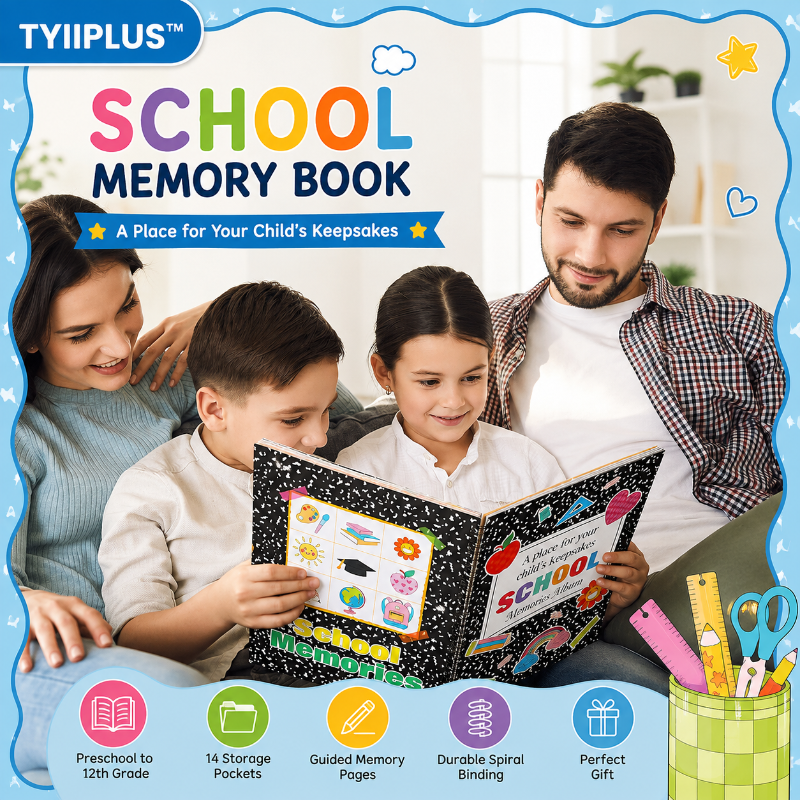 TYIIPLUS™ School Memory Book Keepsake Album | Preschool to 12th Grade Scrapbook with 14 Storage Pockets for Photos, Report Cards & School Memories
