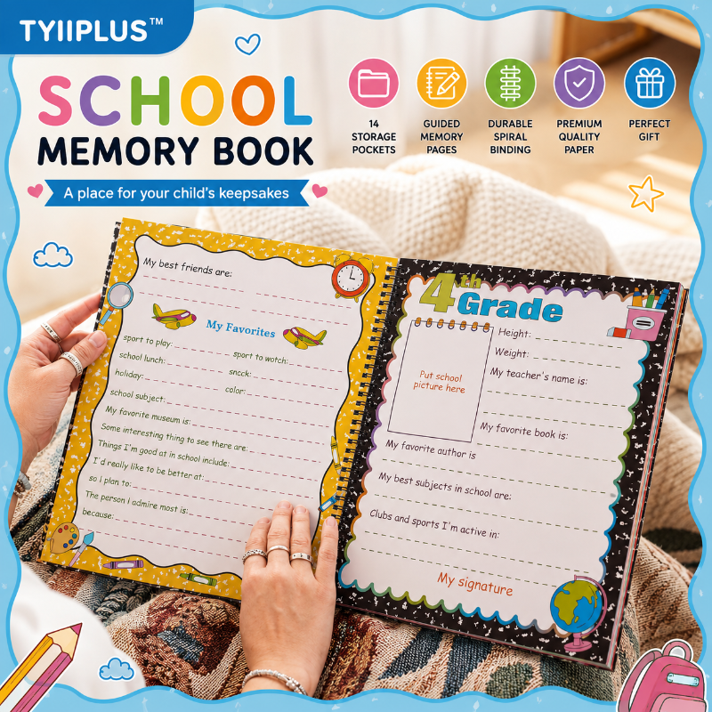 TYIIPLUS™ School Memory Book Keepsake Album | Preschool to 12th Grade Scrapbook with 14 Storage Pockets for Photos, Report Cards & School Memories