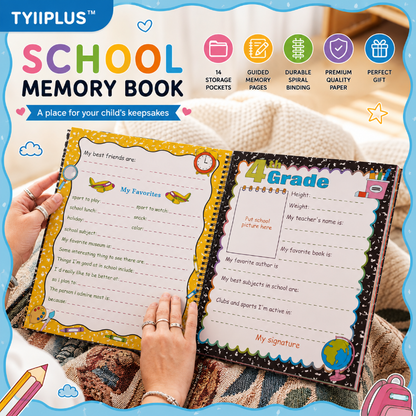 TYIIPLUS™ School Memory Book Keepsake Album | Preschool to 12th Grade Scrapbook with 14 Storage Pockets for Photos, Report Cards & School Memories