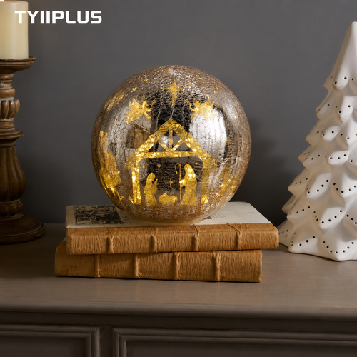 TYIIPLUS™ Illuminated Crackle Glass Sphere with Hidden Nativity Scene – Warm LED Christmas Table Decor