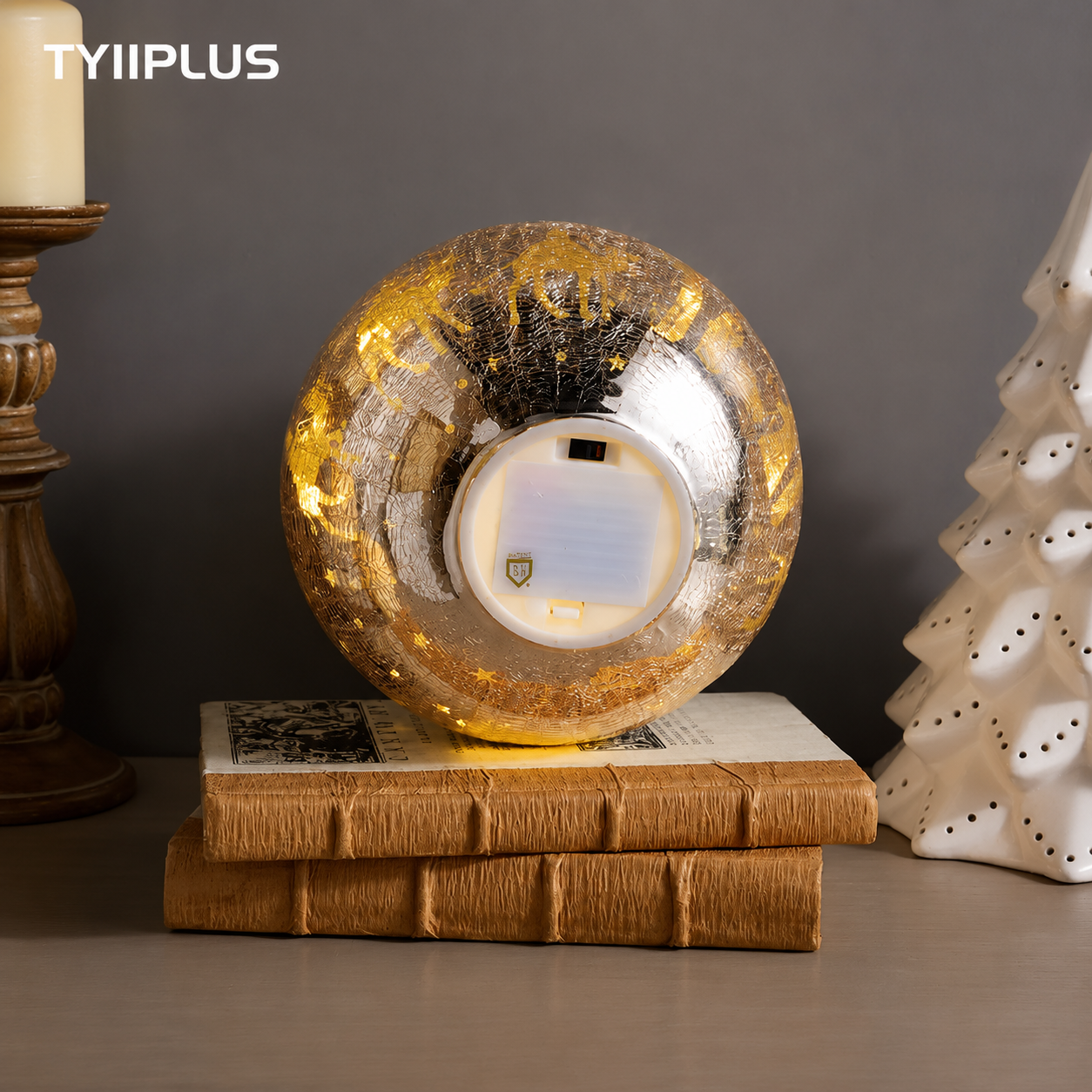 TYIIPLUS™ Illuminated Crackle Glass Sphere with Hidden Nativity Scene – Warm LED Christmas Table Decor