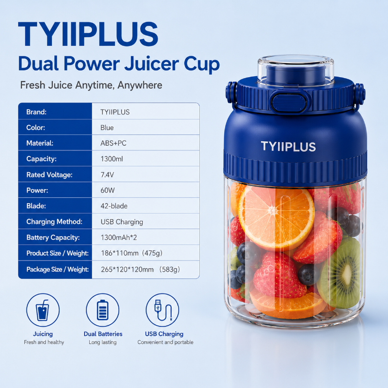 TYIIPLUS™ Portable Electric Juicer Cup 1300ml – BPA-Free USB Rechargeable Blender Bottle with 42-Blade System & Dual Drinking Lids