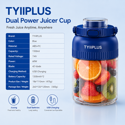 TYIIPLUS™ Portable Electric Juicer Cup 1300ml – BPA-Free USB Rechargeable Blender Bottle with 42-Blade System & Dual Drinking Lids