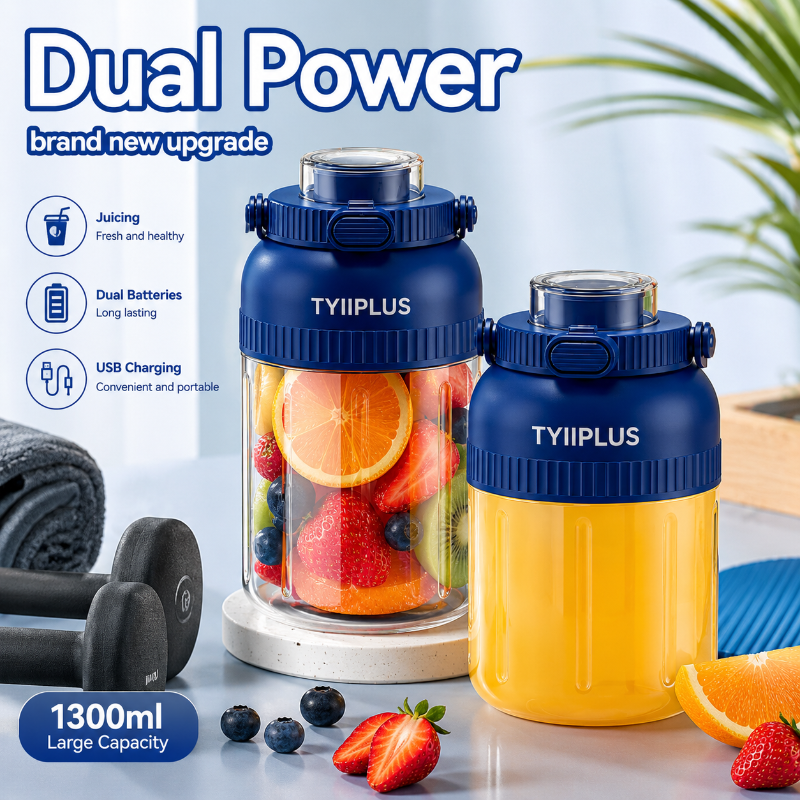 TYIIPLUS™ Portable Electric Juicer Cup 1300ml – BPA-Free USB Rechargeable Blender Bottle with 42-Blade System & Dual Drinking Lids