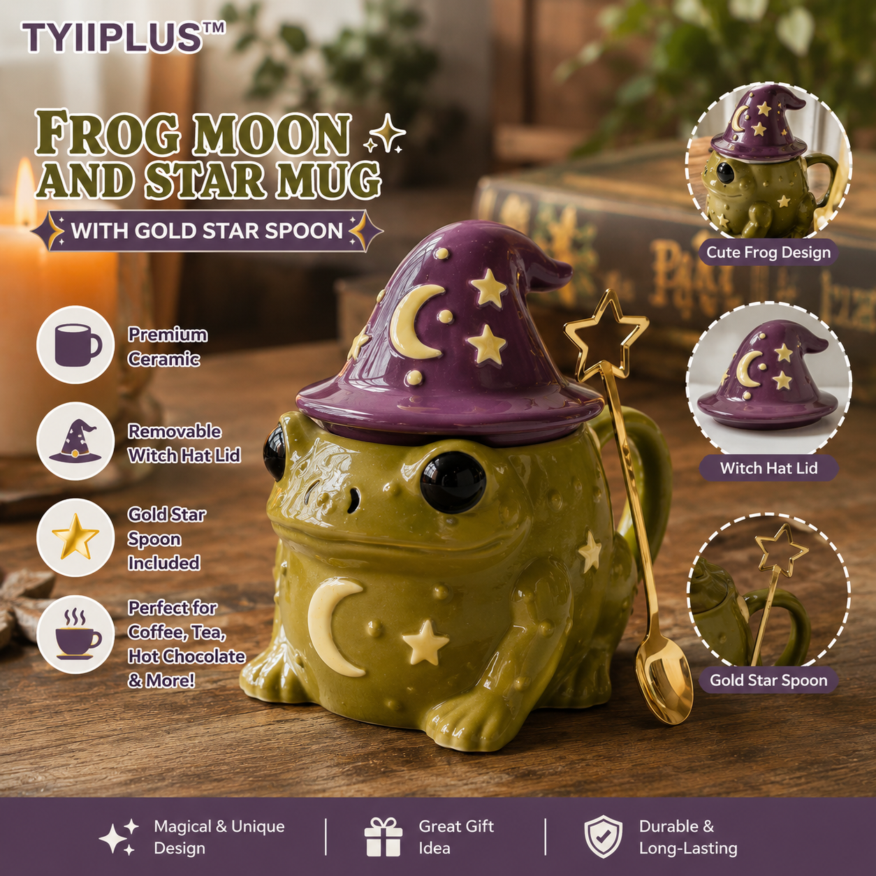 🐸 Frog Moon and Star Mug with Gold Star Spoon