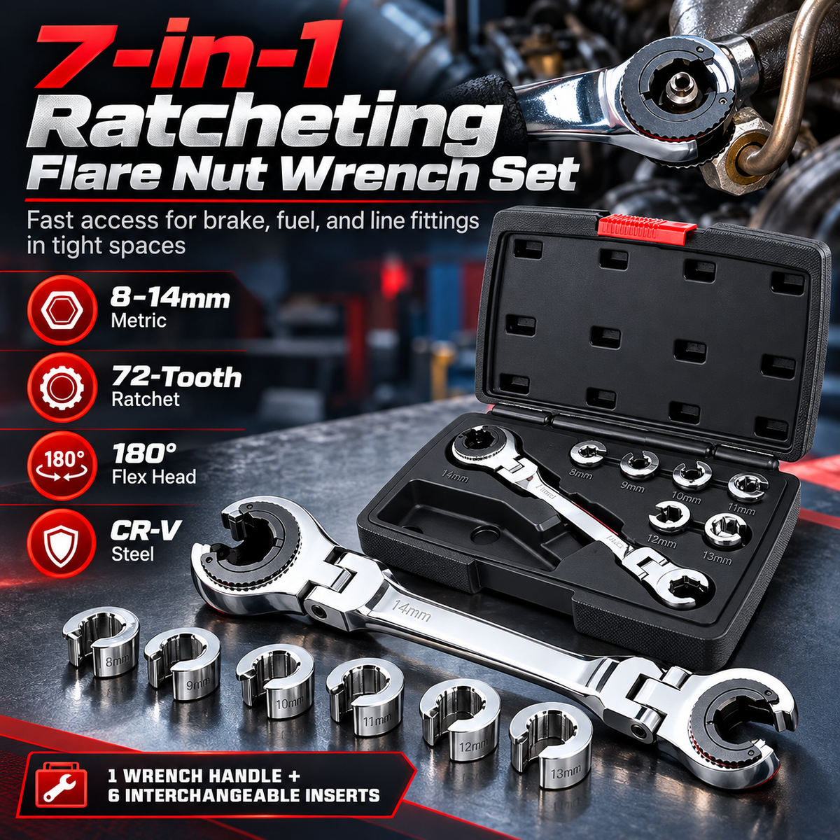 7-in-1 Ratcheting Flare Nut Wrench Set for Tight Space