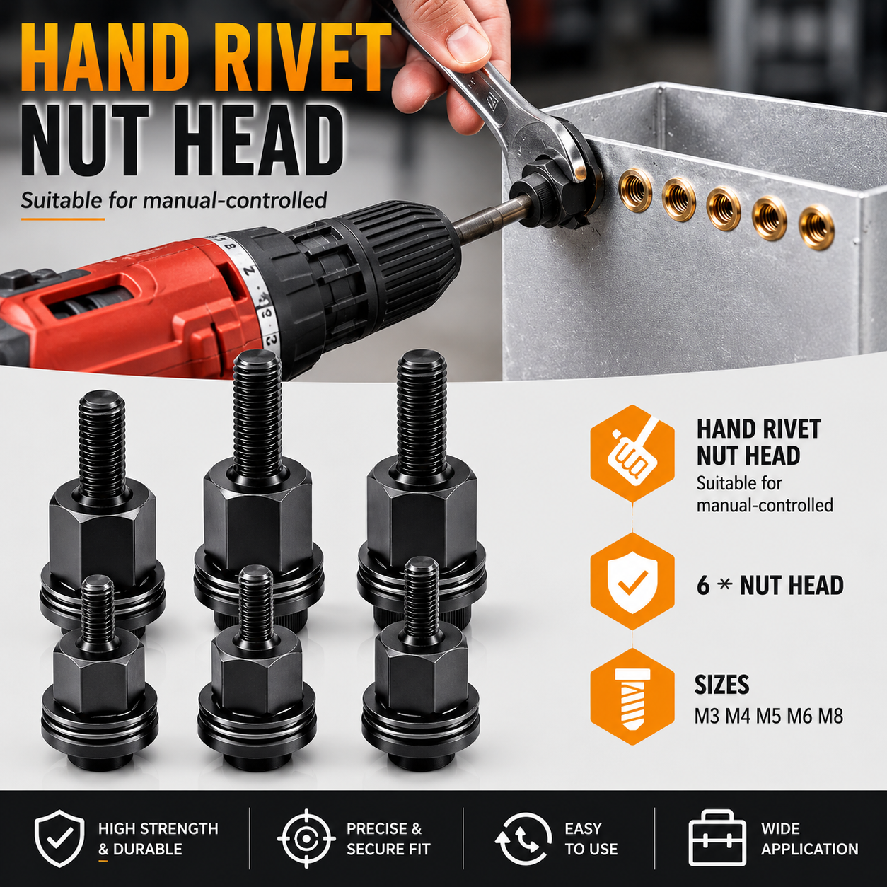 TYIIPLUS™ Rivet Nut Tool Kit (M3-M8) – Carbon Steel Rivnut Adapter Set for Electric Drill & Manual Wrench | Threaded Insert Installation Tool