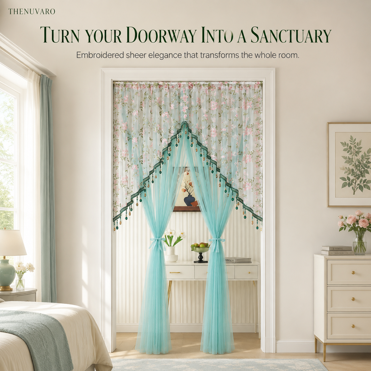 🌸 Extra-Wide Embroidered Beaded Doorway Curtain – Romantic Sheer Tie-Back Divider