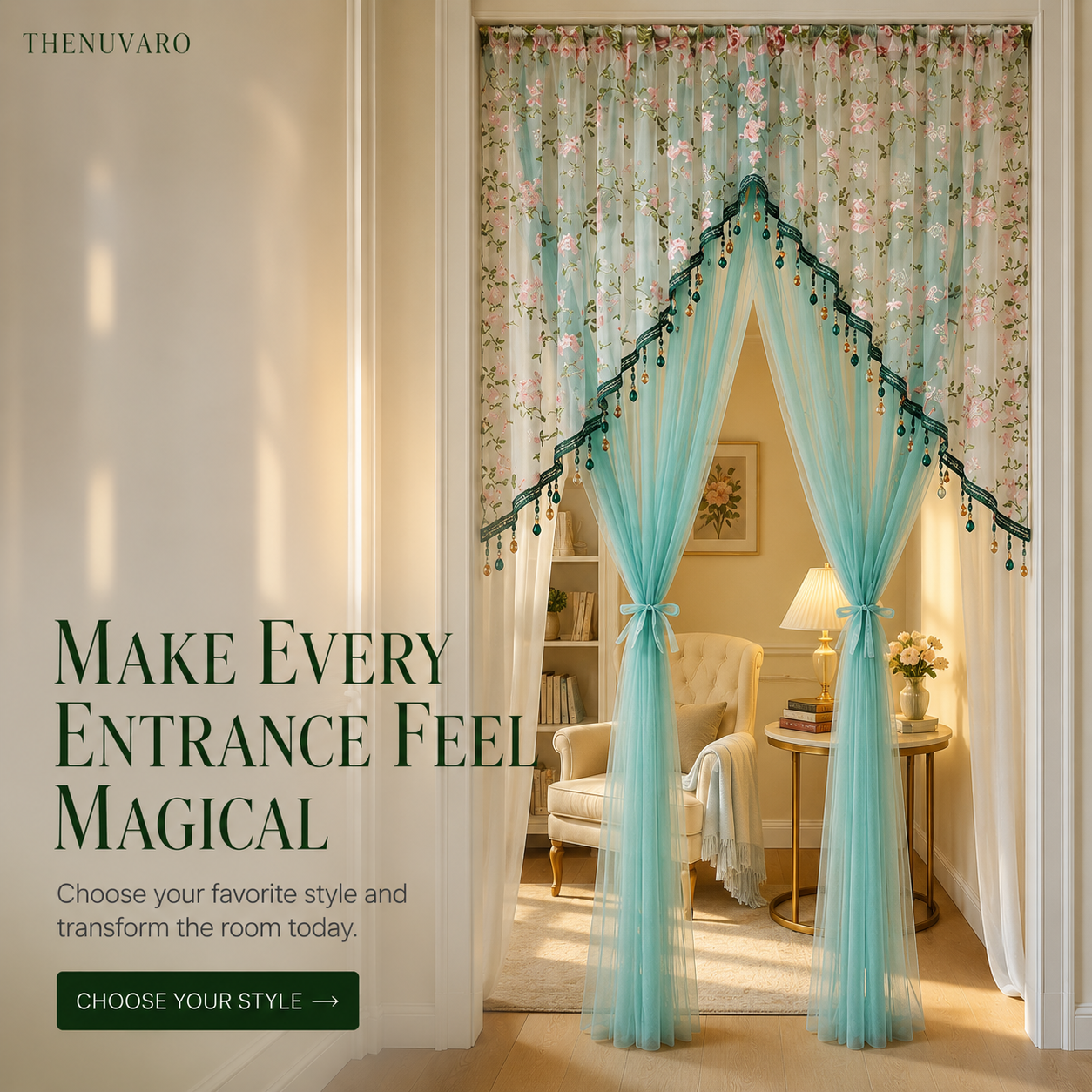 🌸 Extra-Wide Embroidered Beaded Doorway Curtain – Romantic Sheer Tie-Back Divider