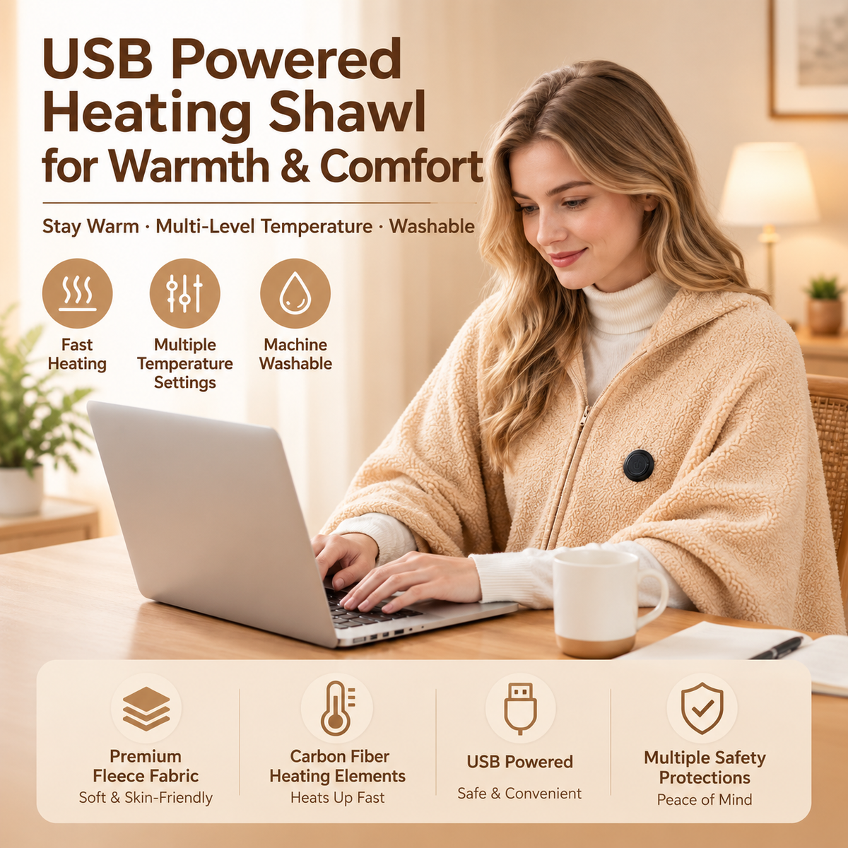 USB Powered Heated Shawl Blanket – Portable & Machine Washable Winter Warmth