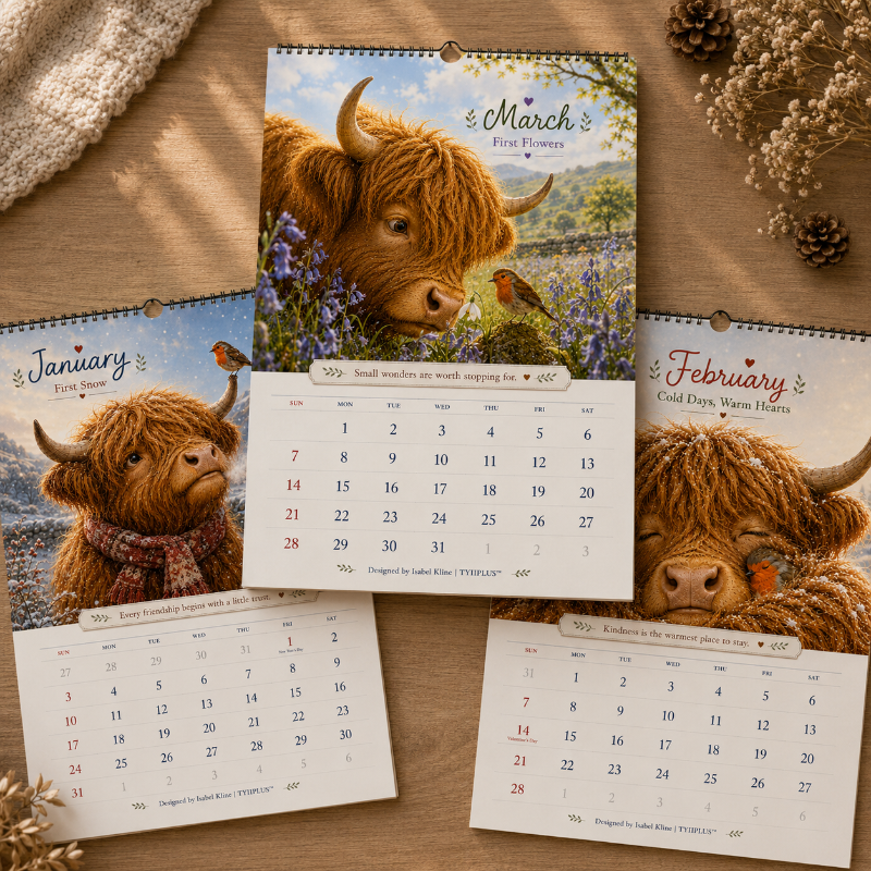 2027 Highland Cow & Robin Wall Calendar | Cozy British Countryside Calendar with Gentle Monthly Stories | A4 Gift for Animal Lovers