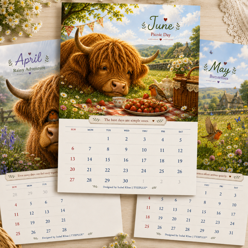 2027 Highland Cow & Robin Wall Calendar | Cozy British Countryside Calendar with Gentle Monthly Stories | A4 Gift for Animal Lovers