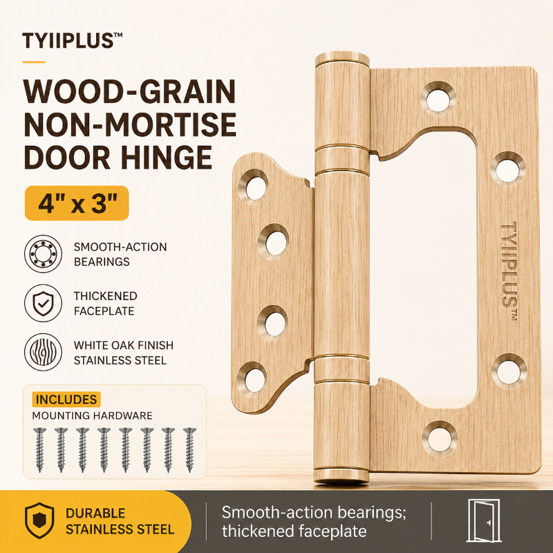TYIIPLUS™ Wood-Grain Finish Non-Mortise Door Hinges 4 x 3 Inch | Silent Ball Bearing Stainless Steel Butterfly Hinges for Interior Wooden Doors | No Mortising Required | Easy Installation