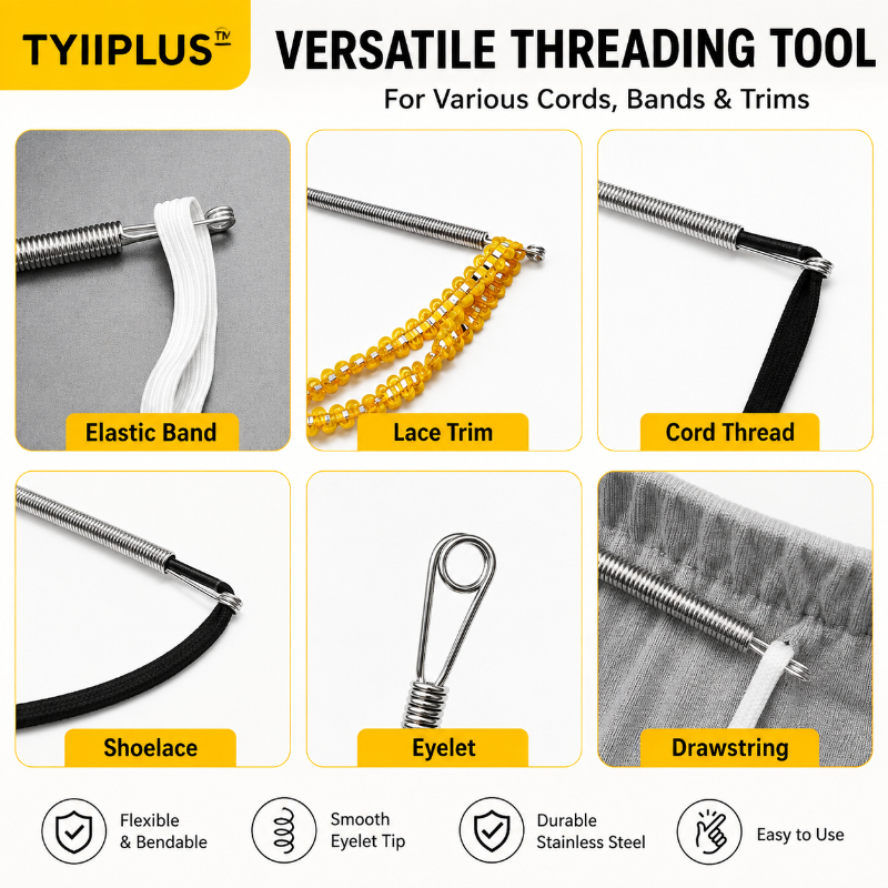 TYIIPLUS™ Spring Drawstring Threader Tool Set | Flexible Stainless Steel Rope Threader Needle for Hoodies, Sweatpants, Elastic Bands, Waistbands, Shoelaces & DIY Sewing