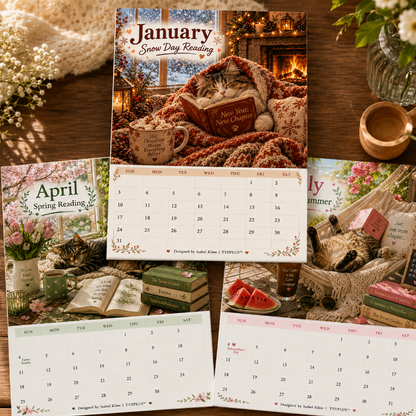 Cats Chillin' with Books™ 2027 Wall Calendar | A4 Cozy Cat & Book Lover Calendar | Designed by Isabel Kline | TYIIPLUS™