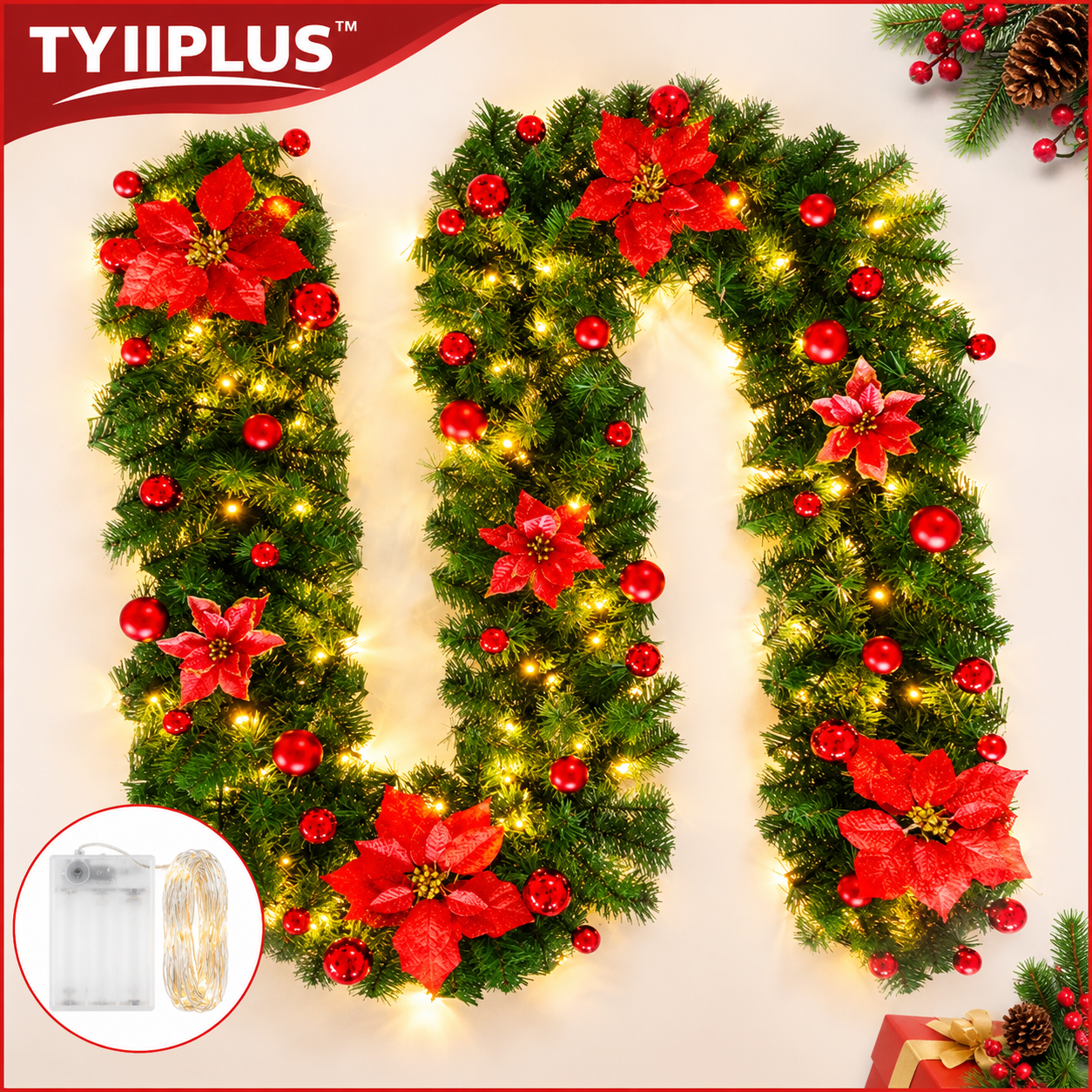 TYIIPLUS™ 2.7M Pre-Lit Christmas Garland with LED Lights