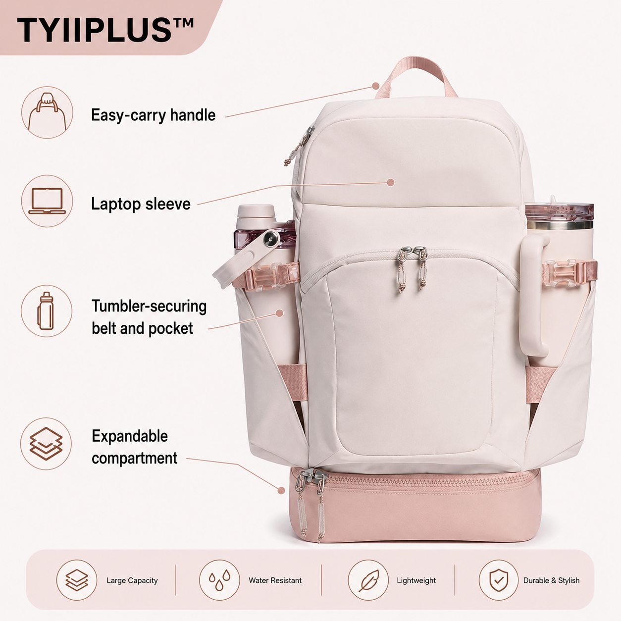 TYIIPLUS™ Tumbler-Friendly Backpack with Secure Cup Holders, Laptop Sleeve & Shoe Compartment