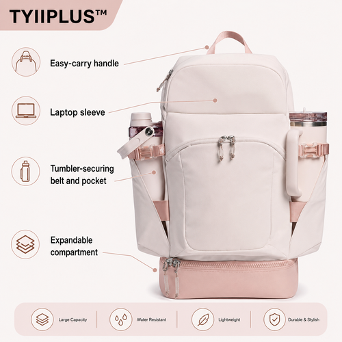 TYIIPLUS™ Tumbler-Friendly Backpack with Secure Cup Holders, Laptop Sleeve & Shoe Compartment