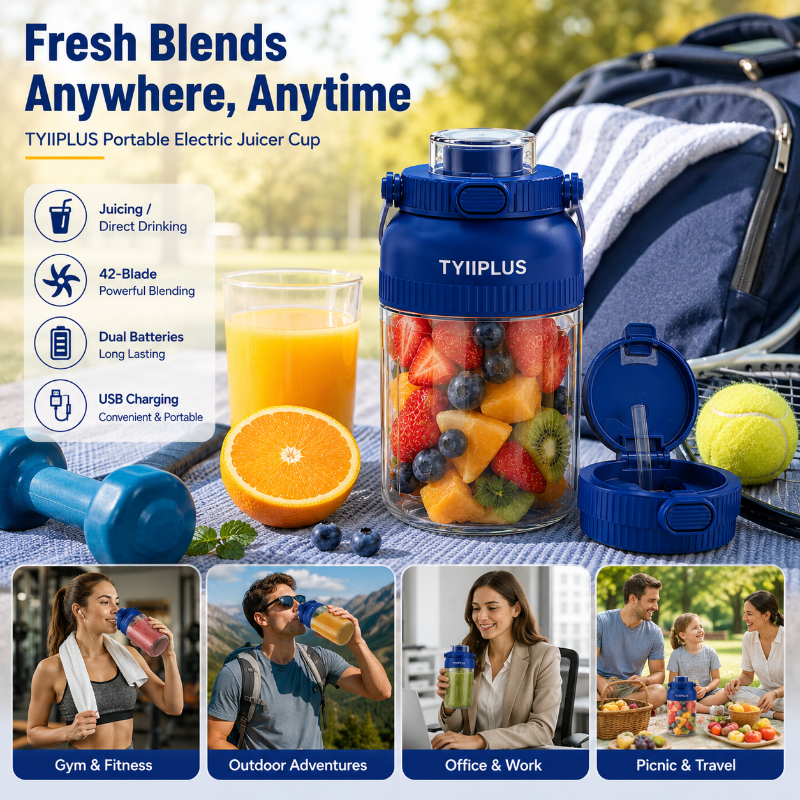 TYIIPLUS™ Portable Electric Juicer Cup 1300ml – BPA-Free USB Rechargeable Blender Bottle with 42-Blade System & Dual Drinking Lids