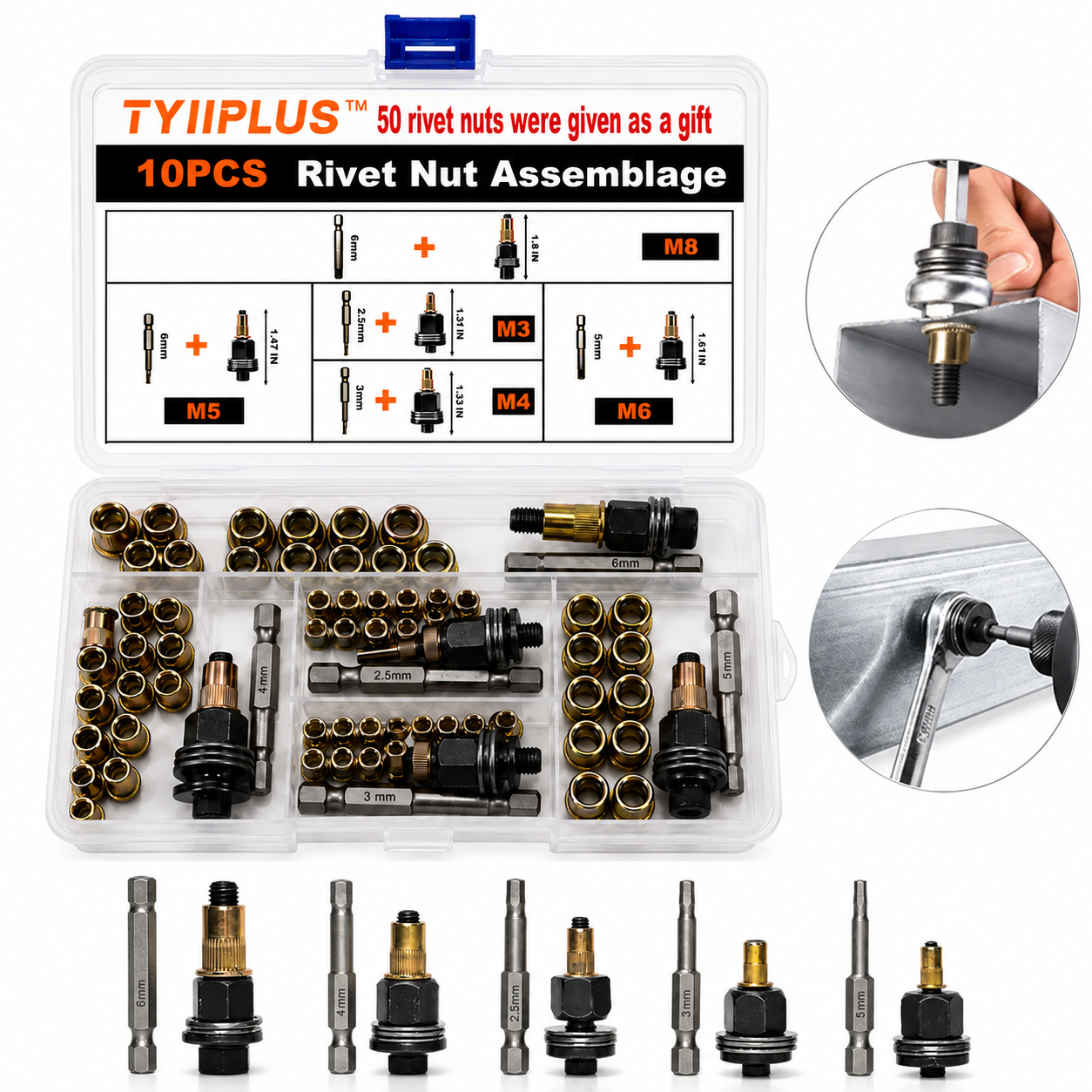 TYIIPLUS™ Rivet Nut Tool Kit (M3-M8) – Carbon Steel Rivnut Adapter Set for Electric Drill & Manual Wrench | Threaded Insert Installation Tool