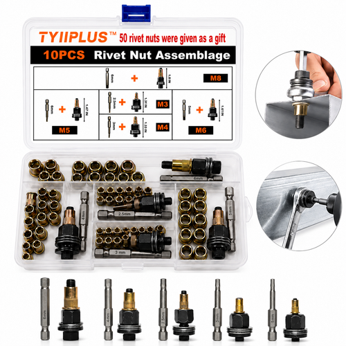 TYIIPLUS™ Rivet Nut Tool Kit (M3-M8) – Carbon Steel Rivnut Adapter Set for Electric Drill & Manual Wrench | Threaded Insert Installation Tool