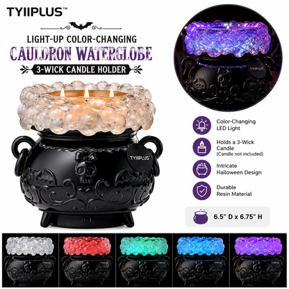 TYIIPLUS™ Light-Up Color-Changing Cauldron Waterglobe 3-Wick Candle Holder – Halloween Resin Candle Pedestal Décor