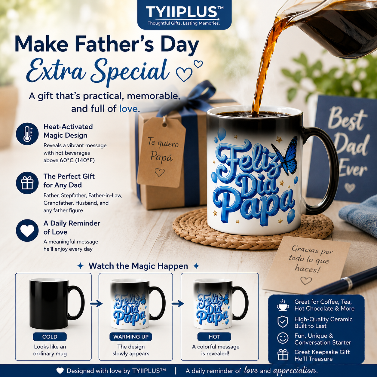 Feliz Día Papá Magic Color Changing Mug – Spanish Father's Day Heat Reveal Coffee Cup Gift for Dad
