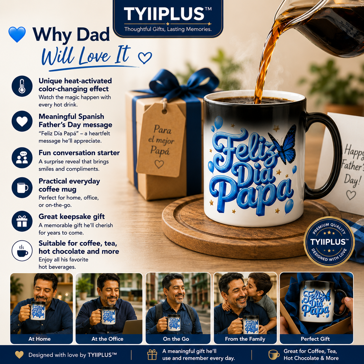 Feliz Día Papá Magic Color Changing Mug – Spanish Father's Day Heat Reveal Coffee Cup Gift for Dad