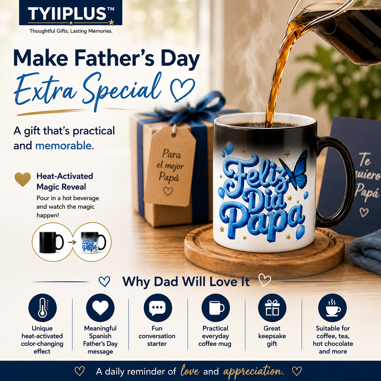 Feliz Día Papá Magic Color Changing Mug – Spanish Father's Day Heat Reveal Coffee Cup Gift for Dad