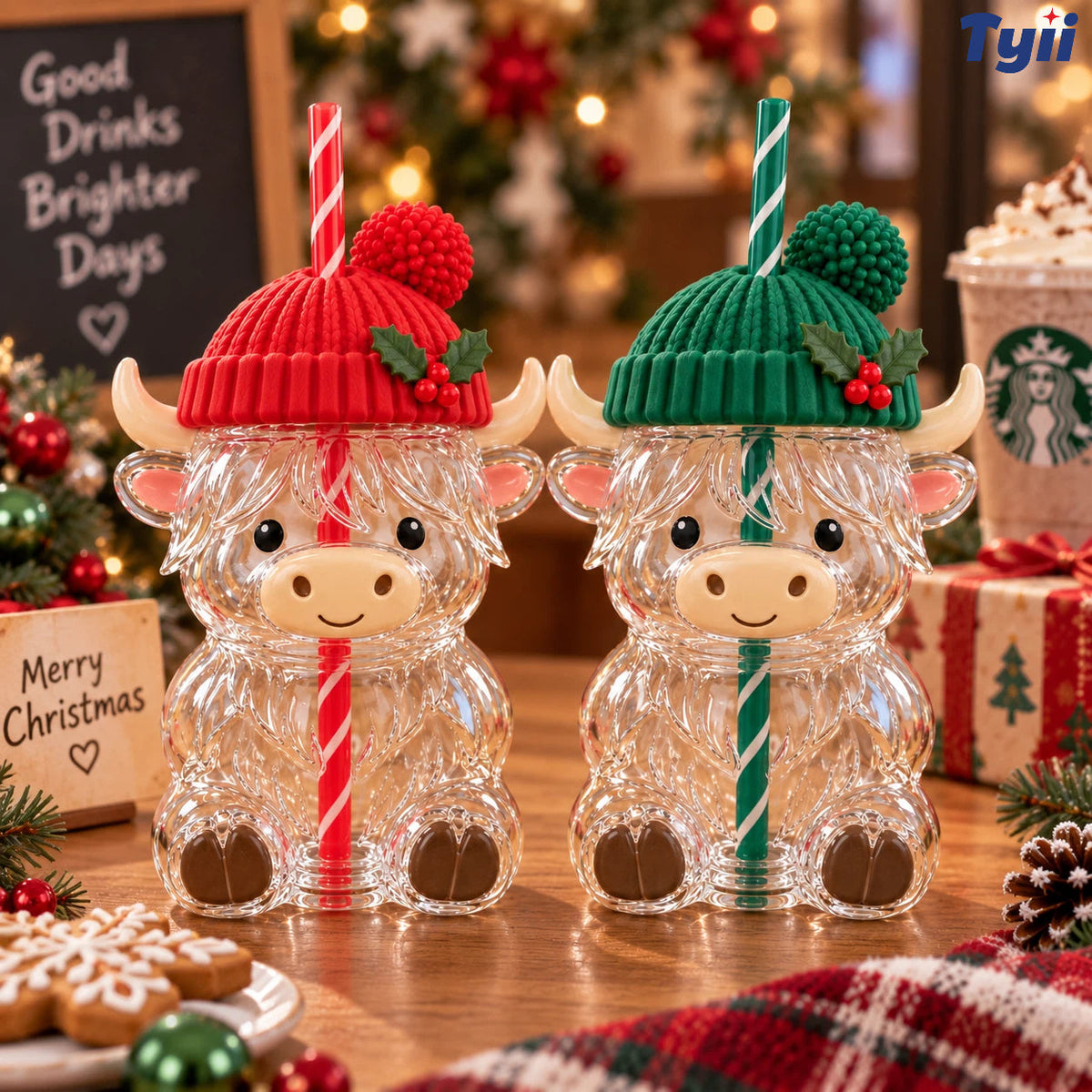 ❤️TYIIPLUS™ Highland Cow Christmas Glass Cup with Straw – Cute Holiday Tumbler Gift