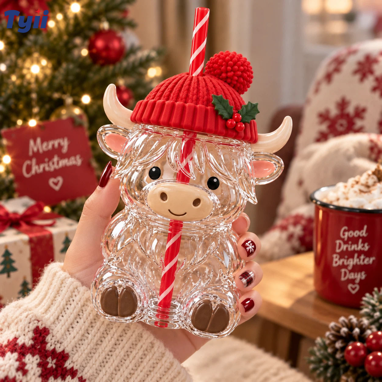 ❤️TYIIPLUS™ Highland Cow Christmas Glass Cup with Straw – Cute Holiday Tumbler Gift