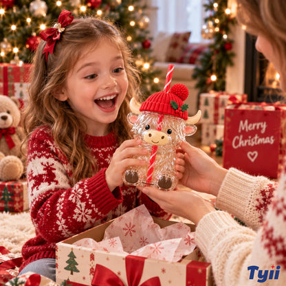 ❤️TYIIPLUS™ Highland Cow Christmas Glass Cup with Straw – Cute Holiday Tumbler Gift