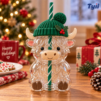 ❤️TYIIPLUS™ Highland Cow Christmas Glass Cup with Straw – Cute Holiday Tumbler Gift