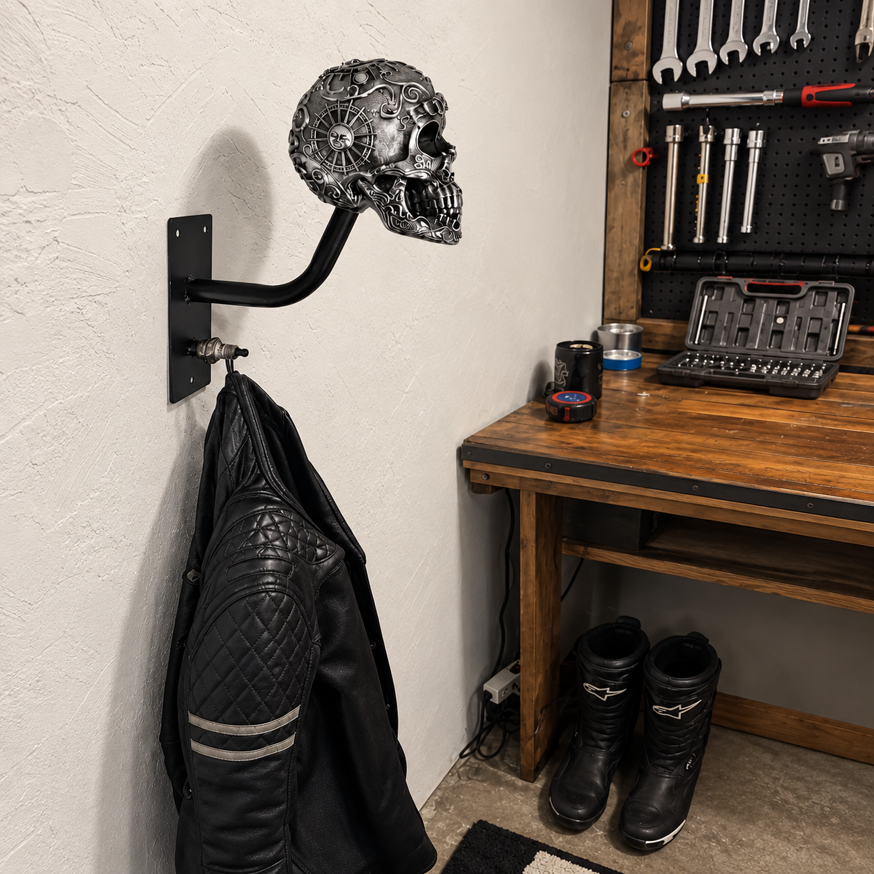TYIIPLUS™ Skull Motorcycle Helmet Holder – Punk Skull Wall Mount Rack for Helmets, Jackets & Garage Decor