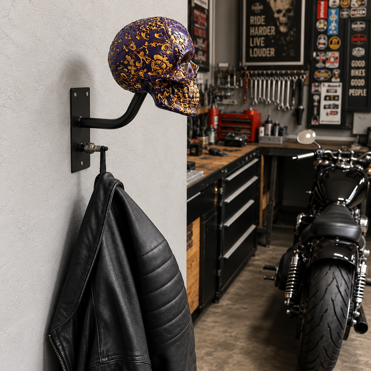 TYIIPLUS™ Skull Motorcycle Helmet Holder – Punk Skull Wall Mount Rack for Helmets, Jackets & Garage Decor