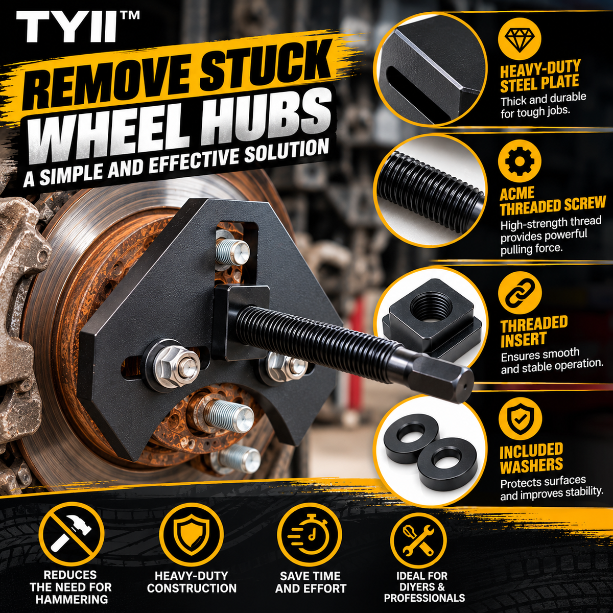 TYII™ Heavy-Duty Wheel Hub Removal Tool Kit – 5, 6 & 8 Lug Hub Puller for Cars & Trucks